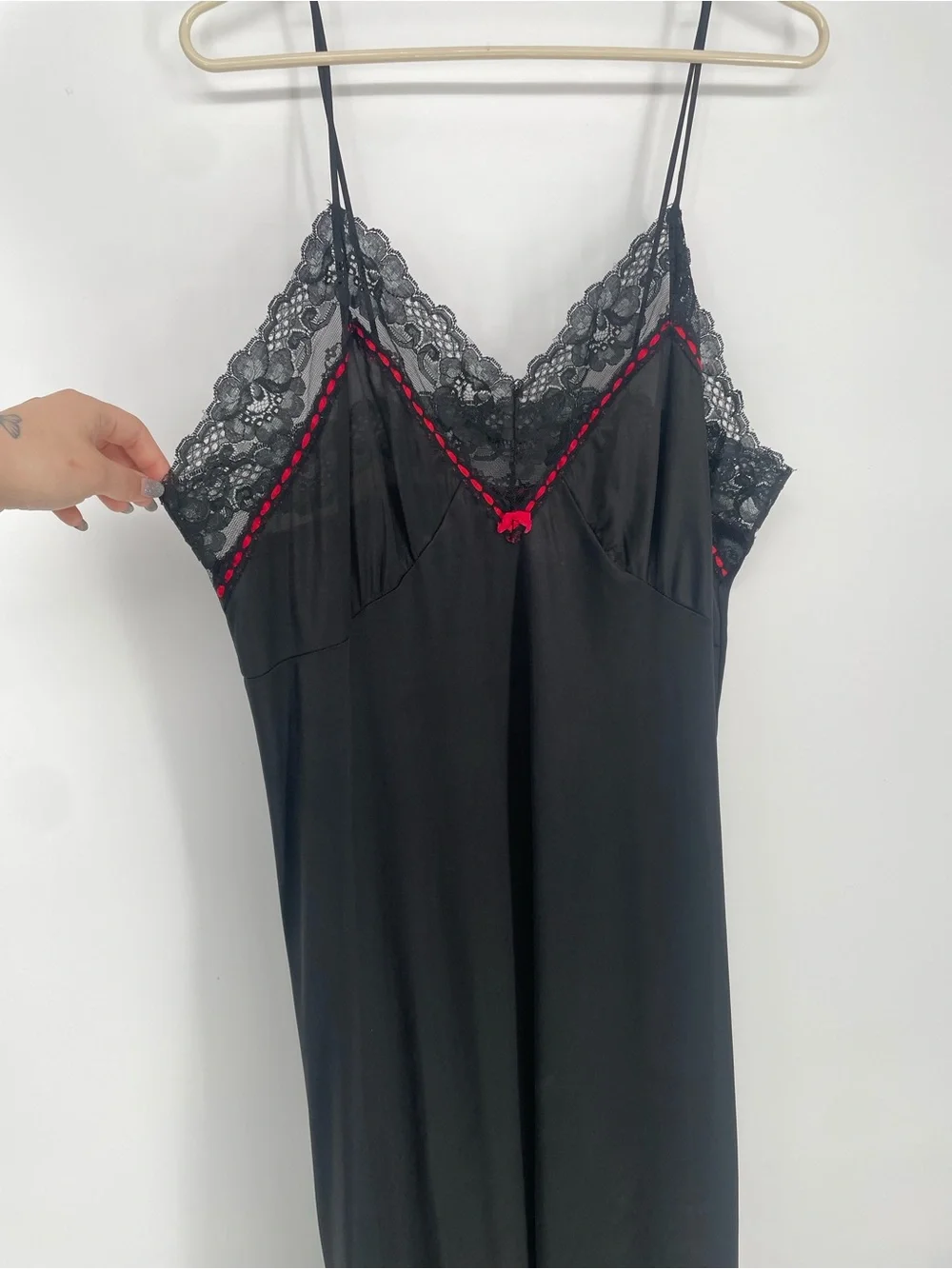 Vintage Black & Red Long Nylon Slip Nightgown Lace & Satin Ribbon Accents - Picture 3 of 13